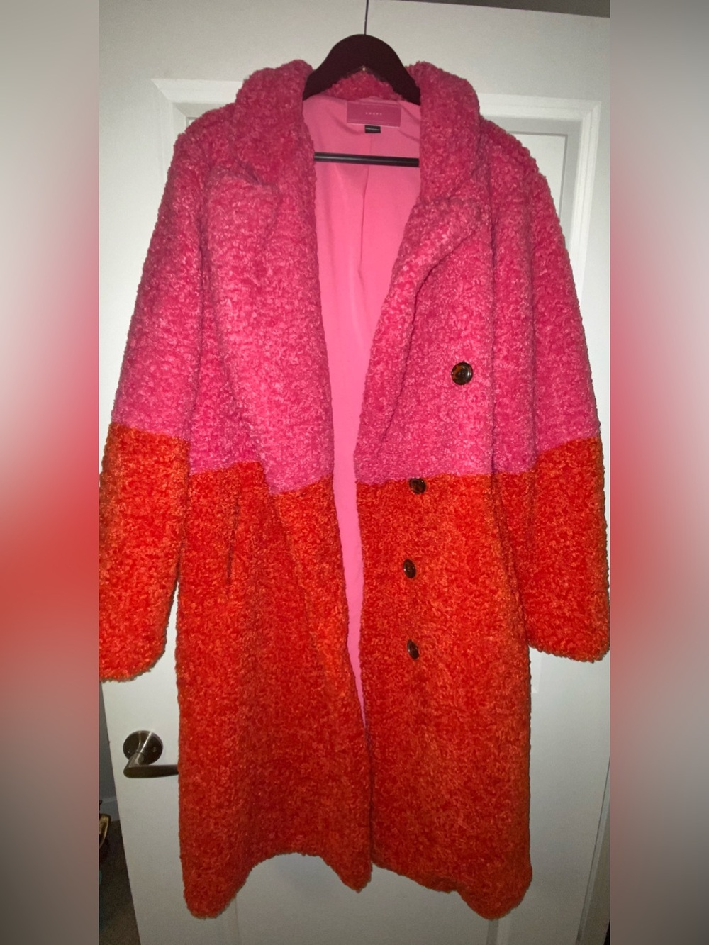 Colorblock Bouclé TEDDY Coat in Pink and Orange